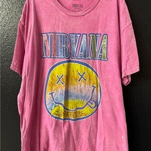 Nirvana Urban Outfitters Pink Graphic Tee with Yellow Smile Logo